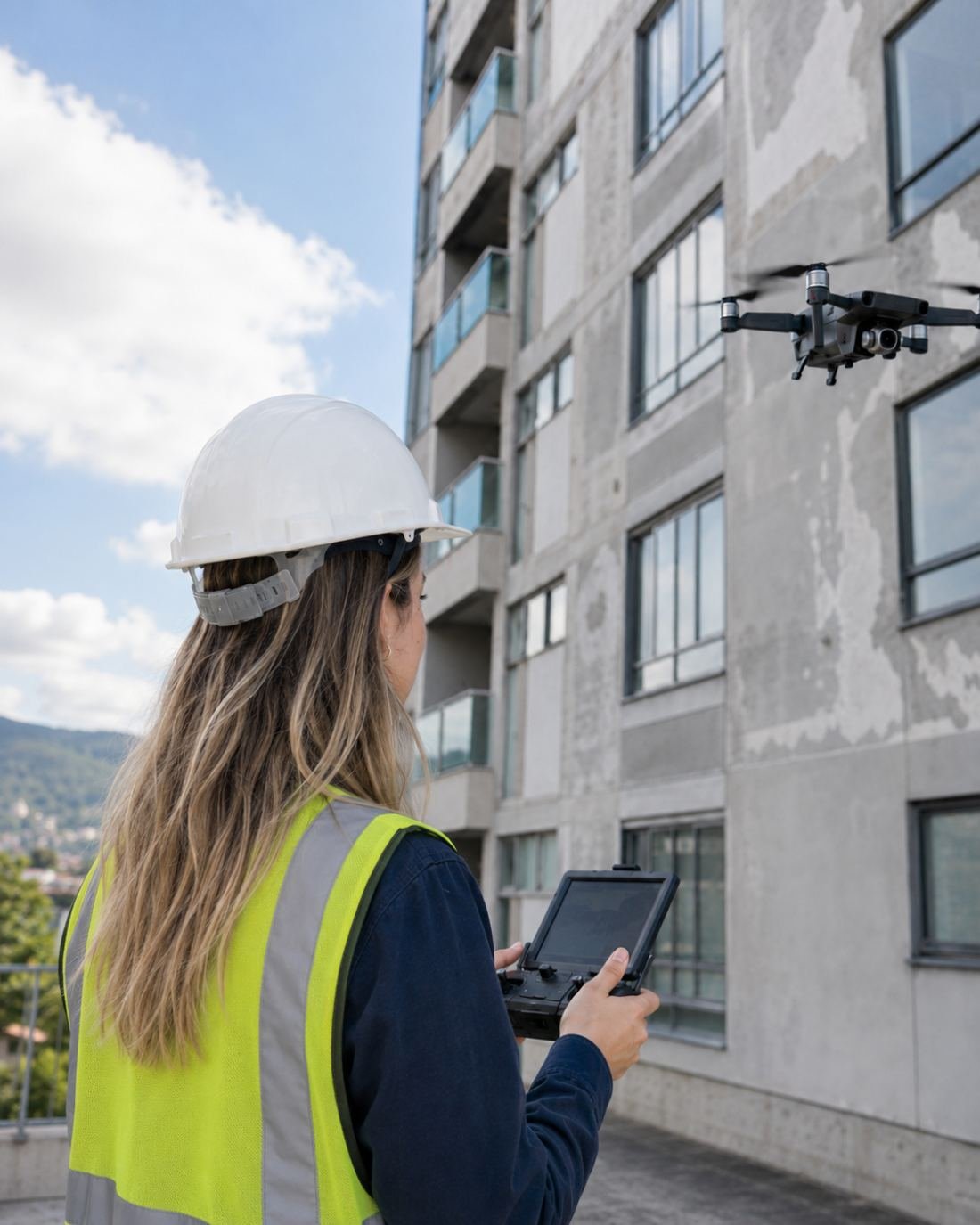 Engenheira operando drone para inspeção da fachada de um edifício