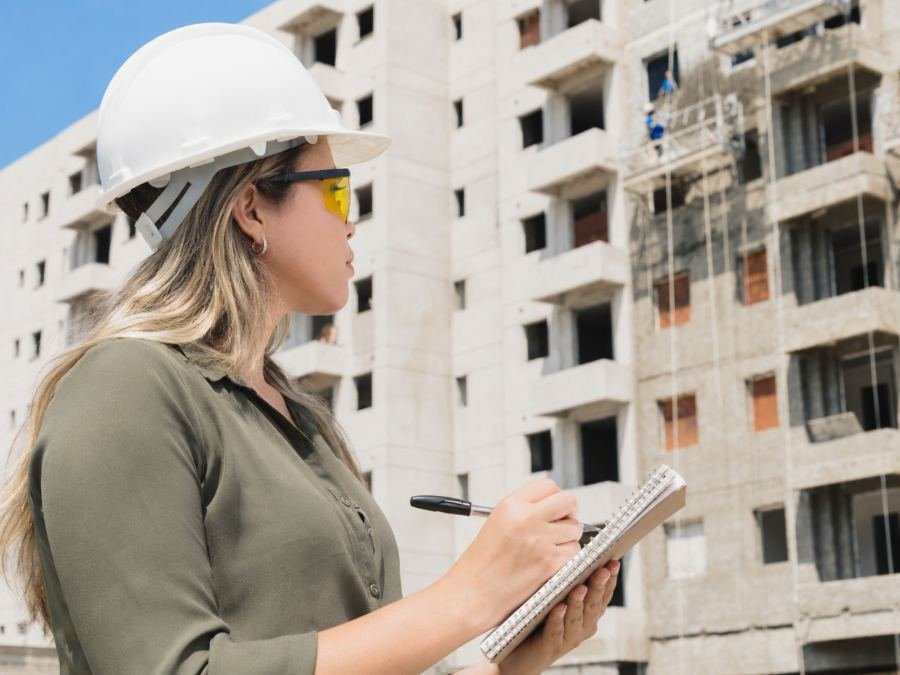 Engenheira registrando a avaliação técnica de uma edificação em campo